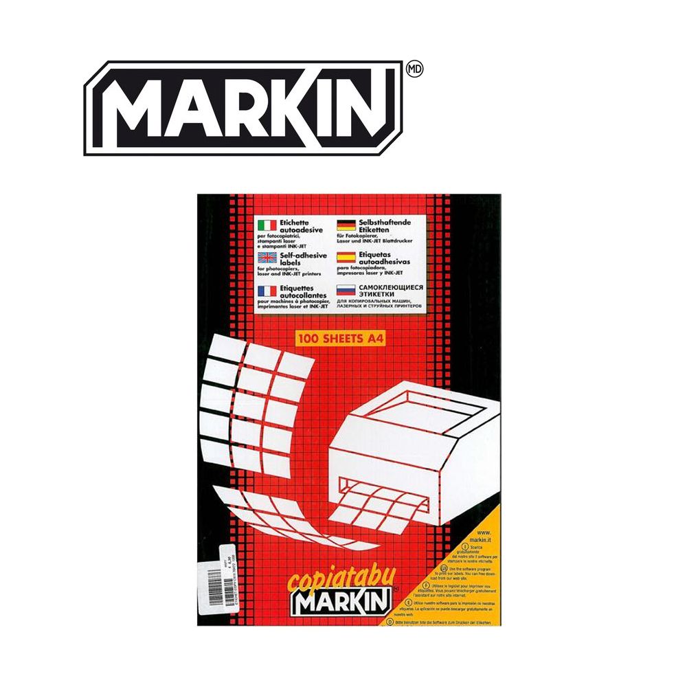 ETICHETTE AUTOADESIVE MARKIN A4 PER STAMPANTI C537 PERMANENTI BIANCHE 84 DA  67 CM X 10 CM C/MARGINE (100 PZ)